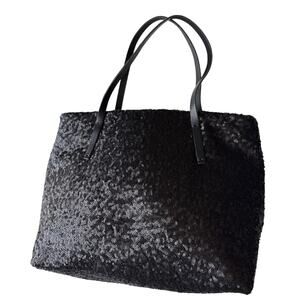 MUUN Black Sequin Leather Tote Bag Medium Classic Shoulder Handbag
